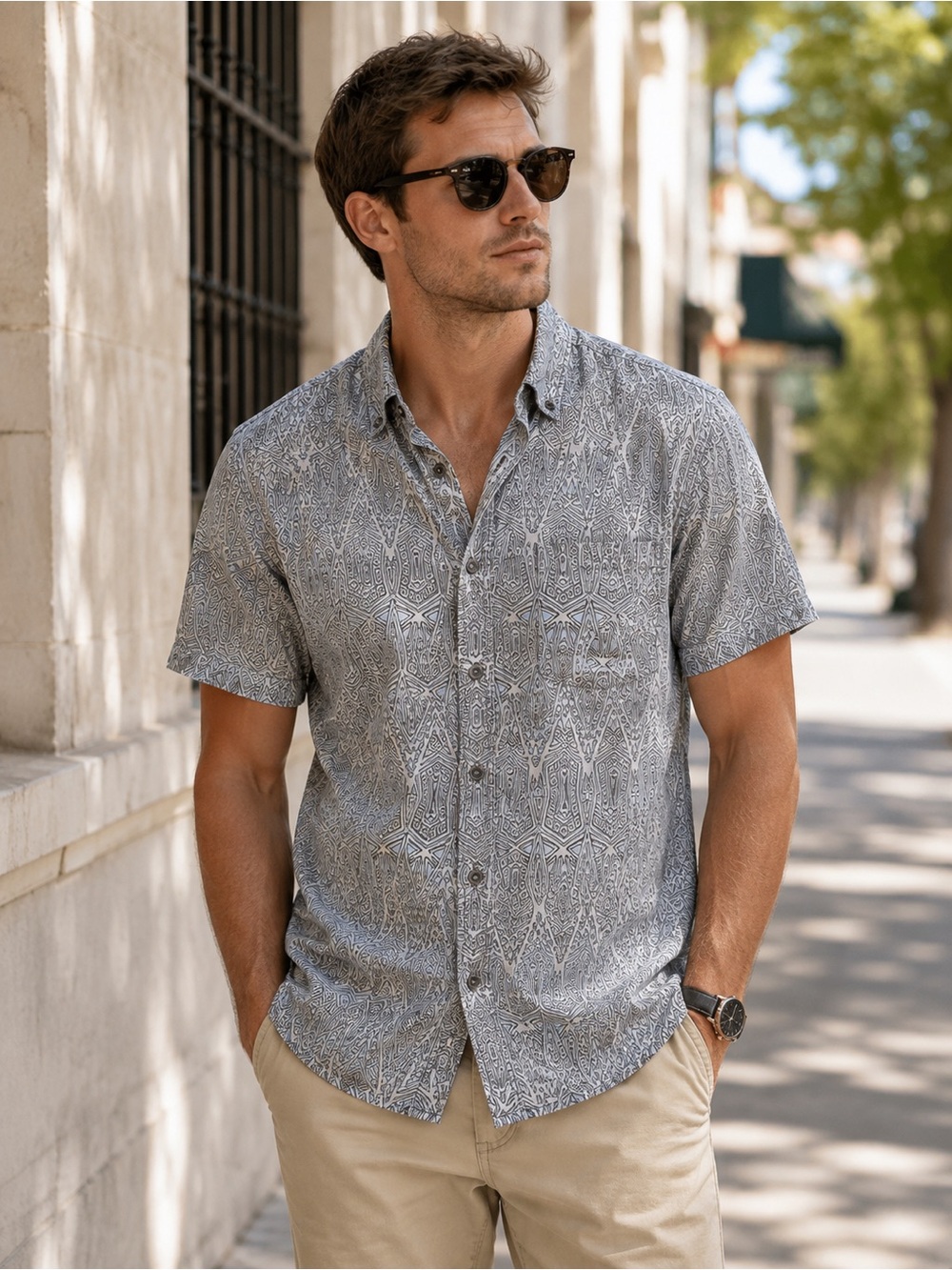 21men Blue Gray Geo Patterned Short-Sleeve Button-Down Shirt